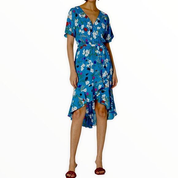 J Crew Mercantile Blue Floral Short Ruffle Sleeve. Faux Wrap Surplice Midi Dress - Picture 1 of 11